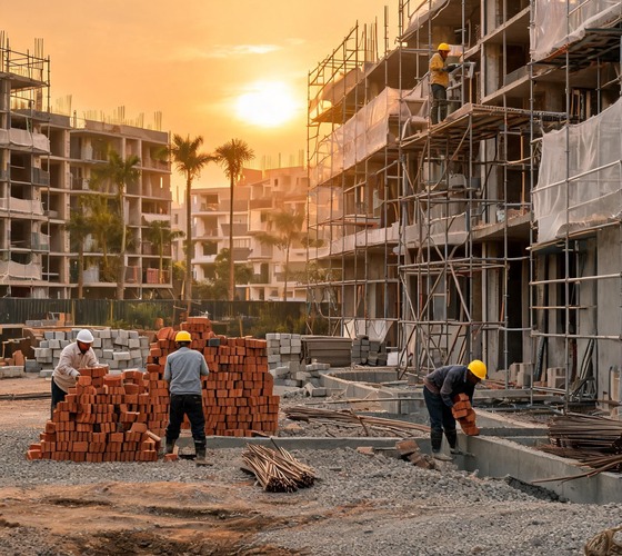 Obra em condomínio ao pôr do sol