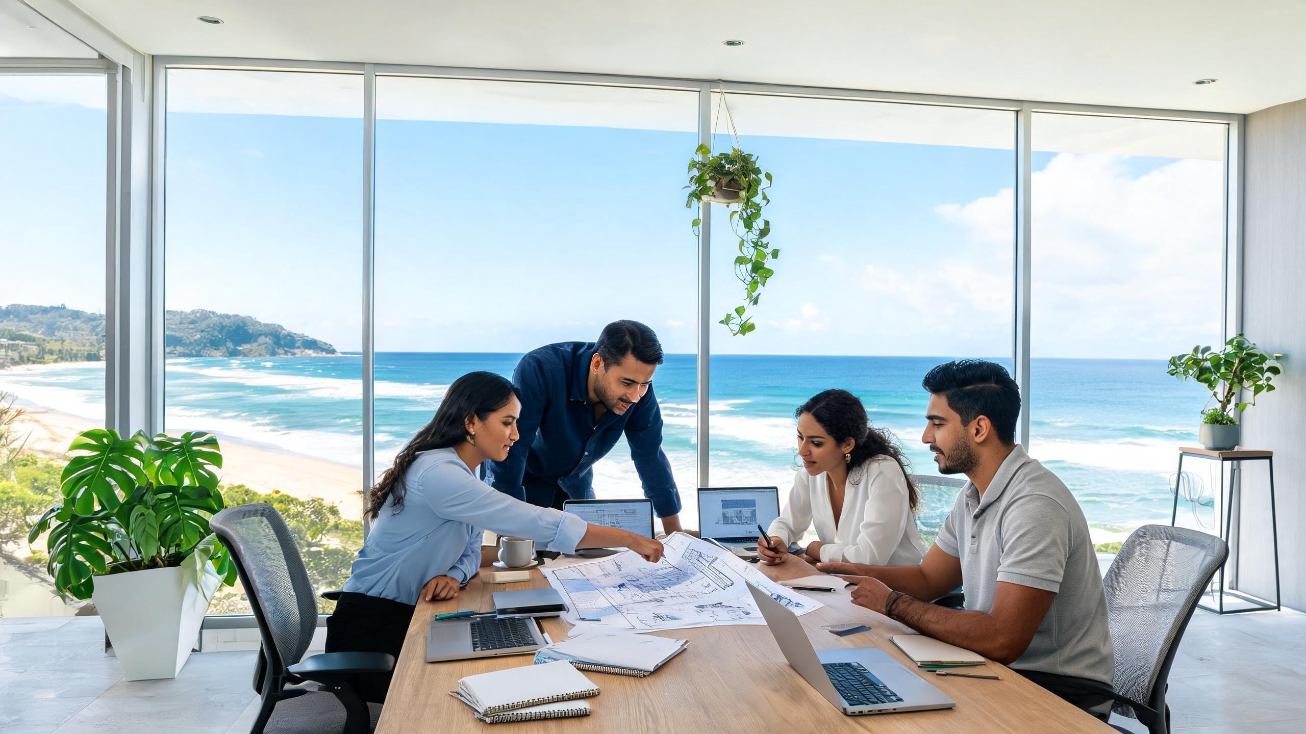 Equipe 4Projetos no escritório com vista para o mar